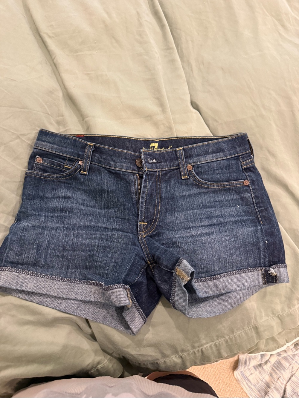 7 For All Mankind Dark Blue Denim Rolled Hem Shorts - Picture 2 of 3